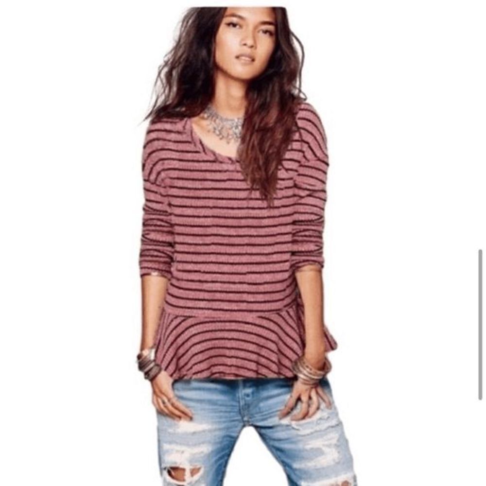 Free People We The Free Auntie Em Thermal Waffle Peplum Long Sleeve Pink Stripe